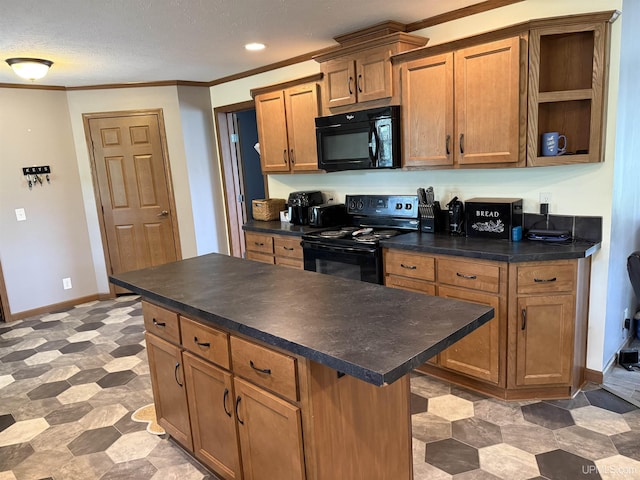 245 Silver Creek Rd, Marquette, MI 49855 - kitchen with black appliances, dark countertops, open shelves, ornamental molding, and a textured ceiling
