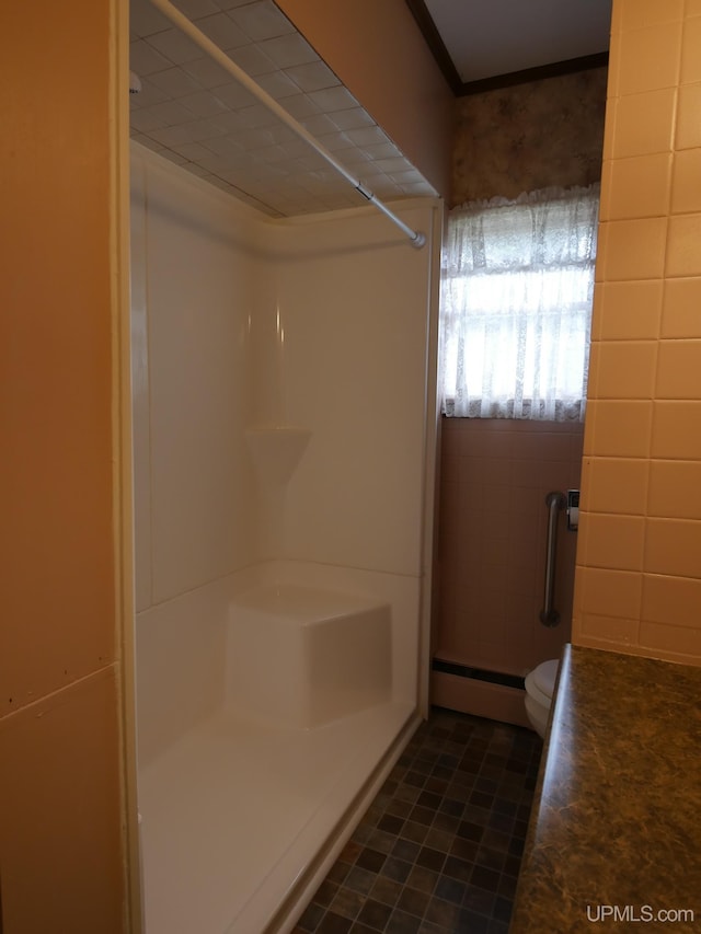 50 Baltic Ave, South Range, MI 49963 - bathroom featuring a baseboard radiator, a shower, toilet, crown molding, and tile patterned floors