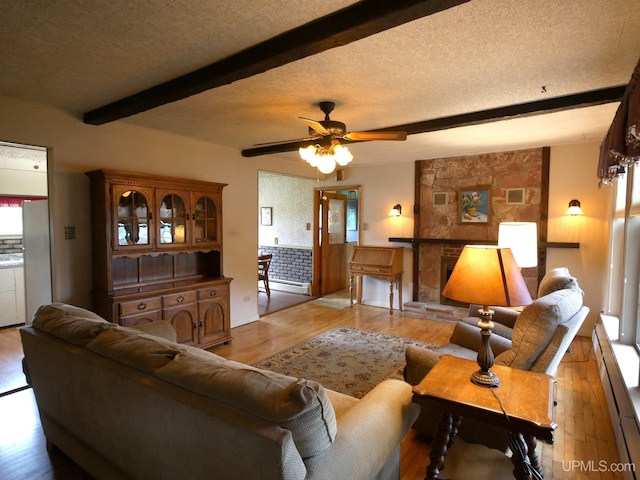 50 Baltic Ave, South Range, MI 49963 - living area with a baseboard heating unit, beamed ceiling, wood finished floors, a ceiling fan, and a textured ceiling