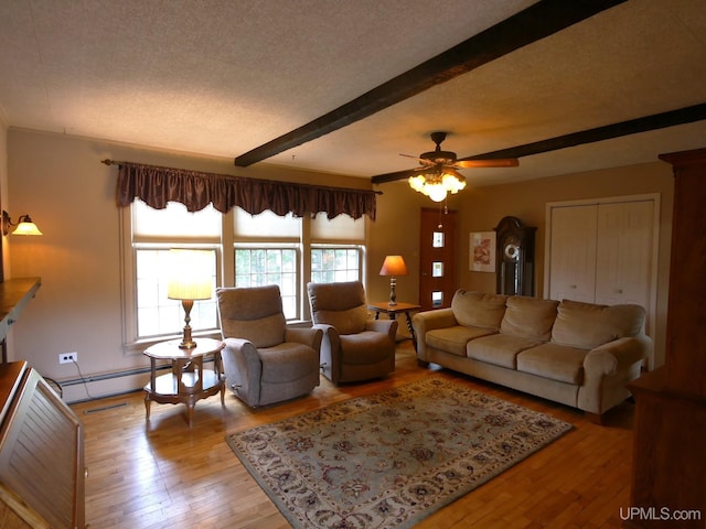 50 Baltic Ave, South Range, MI 49963 - living area featuring beam ceiling, light wood-style flooring, baseboard heating, and ceiling fan