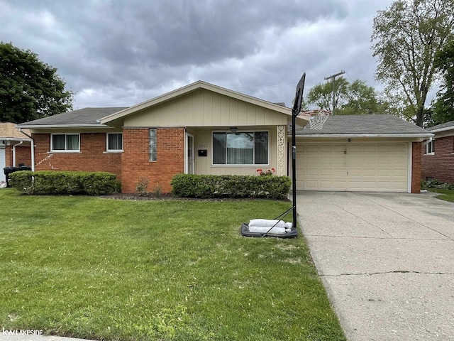 11527 Crown Dr, Sterling Heights, MI 48314 - ranch-style home featuring a garage, driveway, brick siding, and a front yard