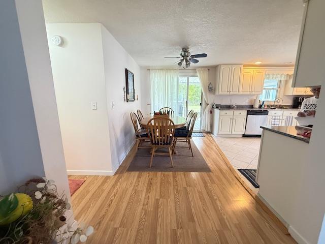 2684 Lakeshore Dr, Gladwin, MI 48624 - dining space with light wood-type flooring, ceiling fan, a textured ceiling, and baseboards