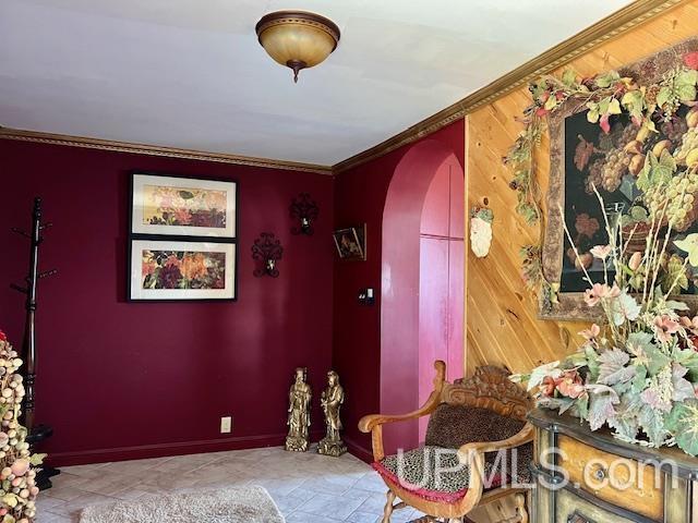 9411 Goodell Rd, Eagle Harbor, MI 49950 - living area featuring arched walkways, stone finish floors, baseboards, ornamental molding, and wood walls