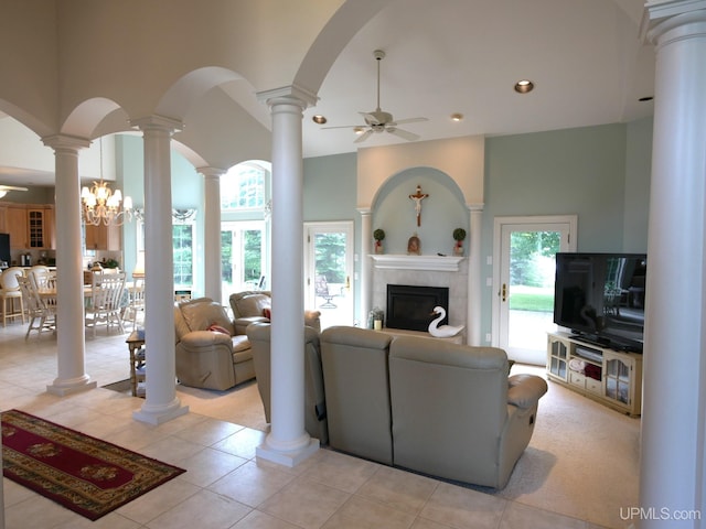 52765 Bootjack Rd, Lake Linden, MI 49945 - living area featuring ceiling fan, ornate columns, healthy amount of natural light, a fireplace, and recessed lighting