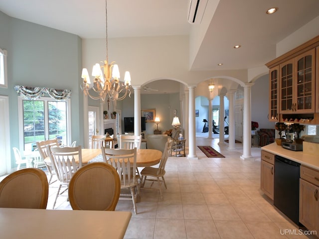 52765 Bootjack Rd, Lake Linden, MI 49945 - dining space featuring ornate columns, arched walkways, recessed lighting, light tile patterned floors, and a chandelier