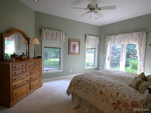 52765 Bootjack Rd, Lake Linden, MI 49945 - bedroom featuring light colored carpet, multiple windows, baseboards, recessed lighting, and ceiling fan
