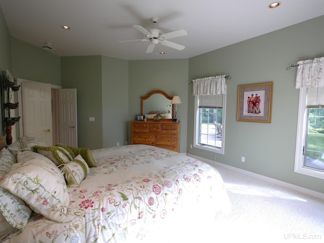 52765 Bootjack Rd, Lake Linden, MI 49945 - bedroom with carpet floors, baseboards, recessed lighting, and a ceiling fan