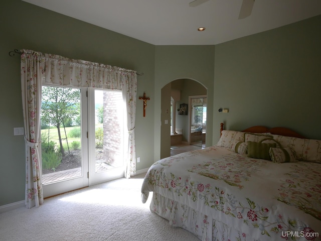52765 Bootjack Rd, Lake Linden, MI 49945 - bedroom featuring access to outside, carpet, arched walkways, baseboards, and recessed lighting