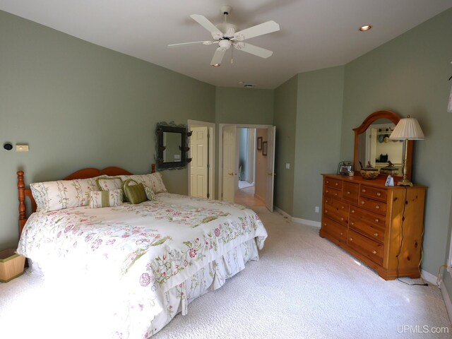 52765 Bootjack Rd, Lake Linden, MI 49945 - bedroom featuring light colored carpet, baseboards, ceiling fan, and recessed lighting