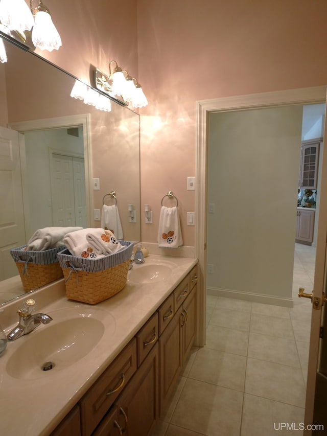 52765 Bootjack Rd, Lake Linden, MI 49945 - full bath with a chandelier, double vanity, and tile patterned flooring