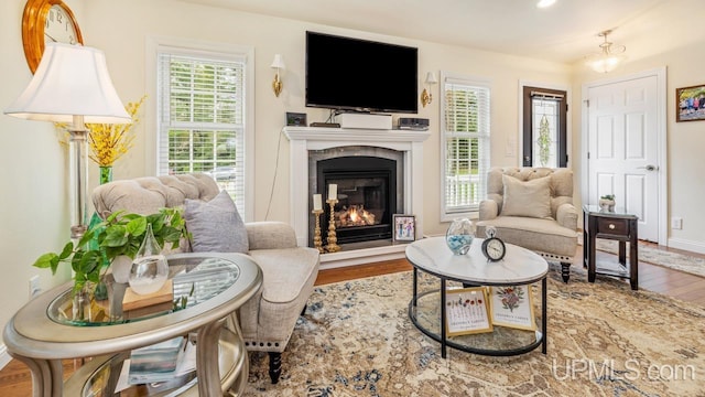 6376 Marie L.45 Ln, Escanaba, MI 49829 - living room featuring wood finished floors, a glass covered fireplace, and baseboards