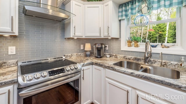 6376 Marie L.45 Ln, Escanaba, MI 49829 - kitchen featuring stainless steel range with electric stovetop, wall chimney range hood, a sink, and backsplash