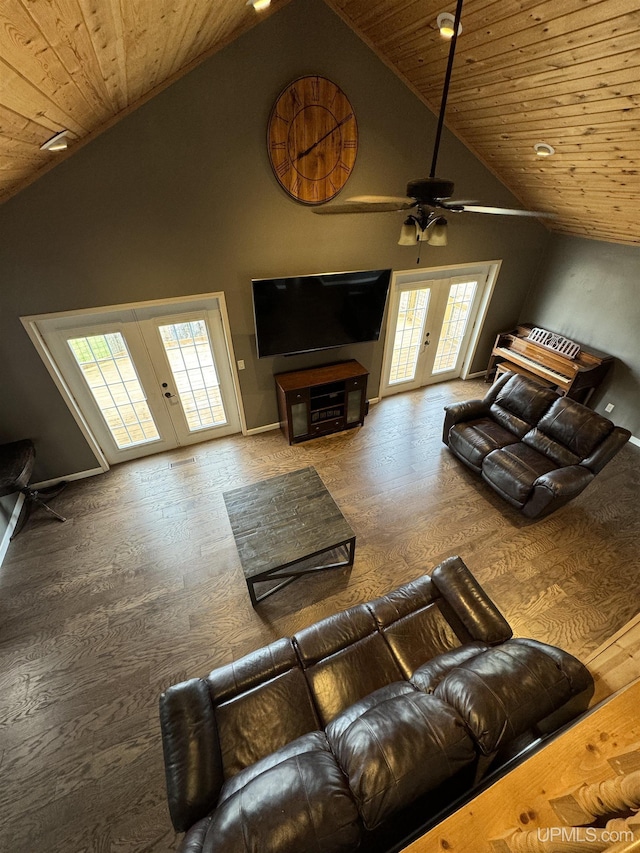 59 Forest Dr, Negaunee, MI 49866 - living room featuring french doors, wooden ceiling, high vaulted ceiling, baseboards, and a ceiling fan