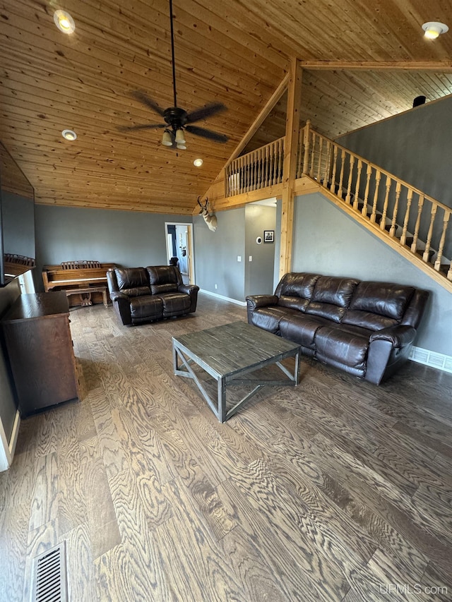 59 Forest Dr, Negaunee, MI 49866 - living room featuring wood ceiling, ceiling fan, recessed lighting, wood finished floors, and baseboards