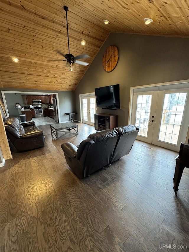 59 Forest Dr, Negaunee, MI 49866 - living area featuring french doors, wood ceiling, ceiling fan, high vaulted ceiling, and wood finished floors