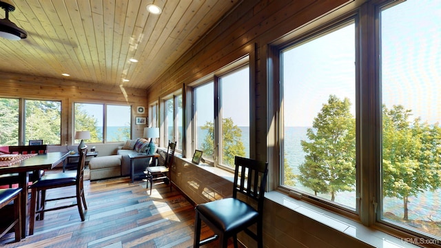 N9910 Shore Dr, Au Train, MI 49806 - sunroom / solarium featuring recessed lighting, hardwood / wood-style floors, and wooden ceiling