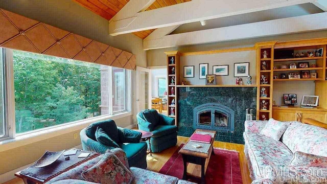 N9910 Shore Dr, Au Train, MI 49806 - living area with wood finished floors, wood ceiling, and a fireplace