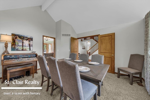 1080 Highland Dr, Saint Clair, MI 48079 - dining area featuring high vaulted ceiling, stairs, light carpet, and beam ceiling