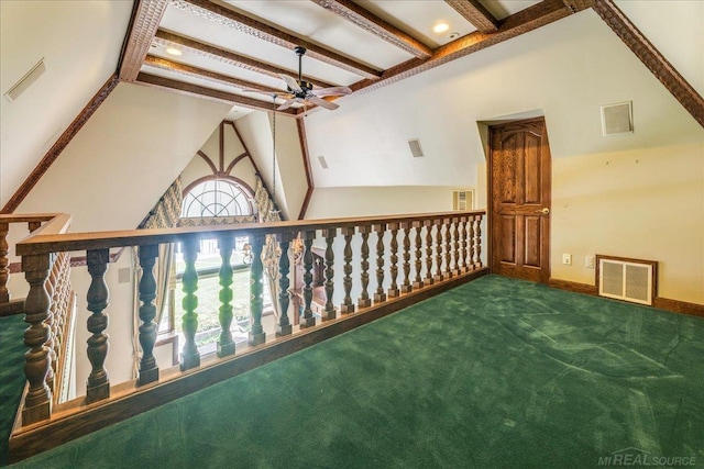 49016 Pointe Lakeview Dr, Chesterfield, MI 48047 - additional living space featuring ceiling fan, carpet flooring, high vaulted ceiling, and beamed ceiling