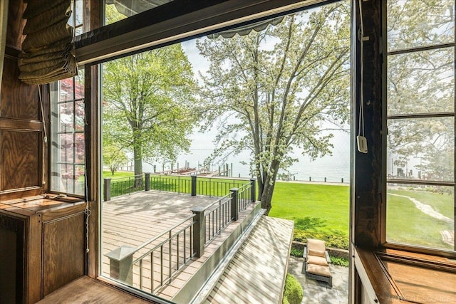 49016 Pointe Lakeview Dr, Chesterfield, MI 48047 - doorway featuring a water view and wood finished floors