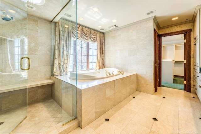 49016 Pointe Lakeview Dr, Chesterfield, MI 48047 - bathroom featuring tile patterned flooring, tile walls, a garden tub, a shower stall, and crown molding