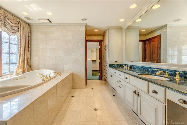 49016 Pointe Lakeview Dr, Chesterfield, MI 48047 - full bathroom featuring double vanity, a garden tub, ornamental molding, tile patterned flooring, and recessed lighting