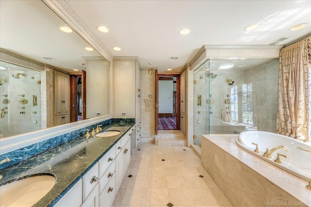 49016 Pointe Lakeview Dr, Chesterfield, MI 48047 - full bathroom featuring a stall shower, a bath, crown molding, double vanity, and recessed lighting