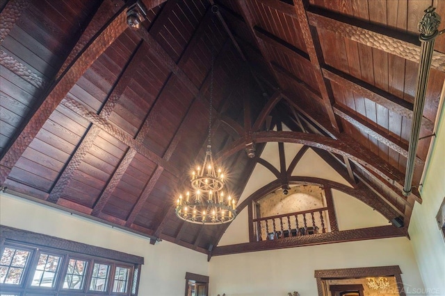 49016 Pointe Lakeview Dr, Chesterfield, MI 48047 - detailed view of a chandelier and wooden ceiling with exposed beams