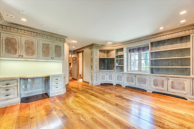 49016 Pointe Lakeview Dr, Chesterfield, MI 48047 - unfurnished office with crown molding, built in study area, light wood-style floors, recessed lighting, and baseboards