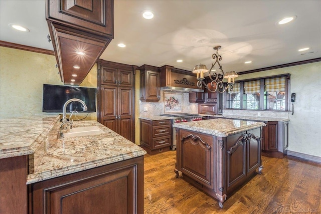 49016 Pointe Lakeview Dr, Chesterfield, MI 48047 - kitchen with a sink, a chandelier, dark wood-style flooring, tasteful backsplash, and ornamental molding