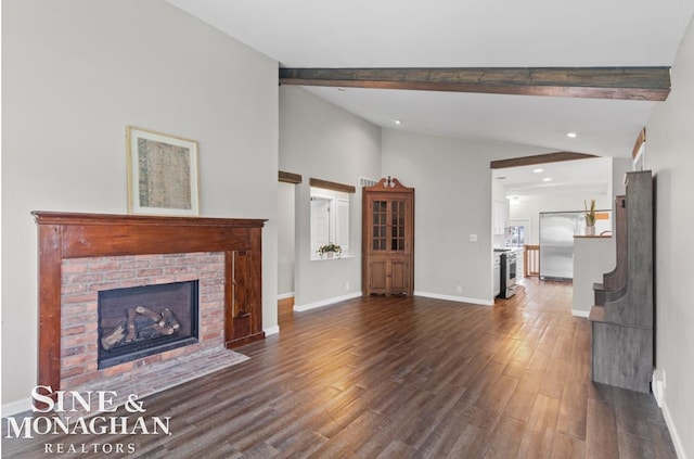 22574 Katzman St, Clinton Township, MI 48035 - unfurnished living room featuring dark wood finished floors, a brick fireplace, recessed lighting, and baseboards