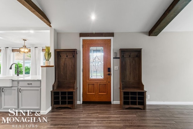 22574 Katzman St, Clinton Township, MI 48035 - foyer entrance with beamed ceiling, dark wood finished floors, baseboards, and recessed lighting