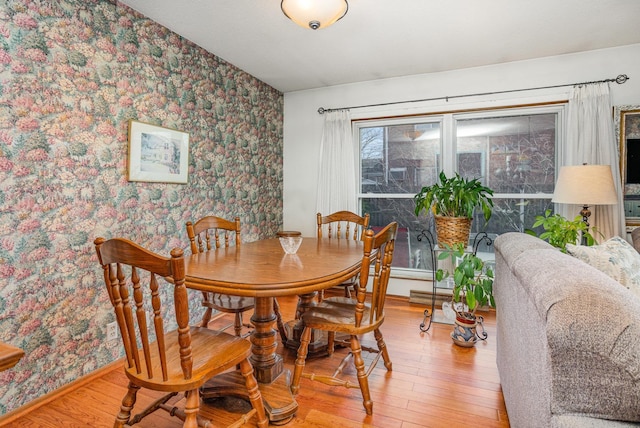 5149 Reinhardt Ln, Bay City, MI 48706 - dining space featuring wallpapered walls, wood finished floors, and baseboards