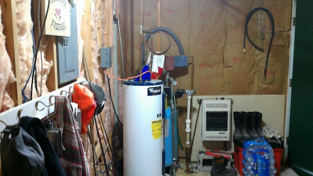 7880 S Dyer Dr, Falmouth, MI 49632 - utility room featuring water heater, heating unit, and electric panel