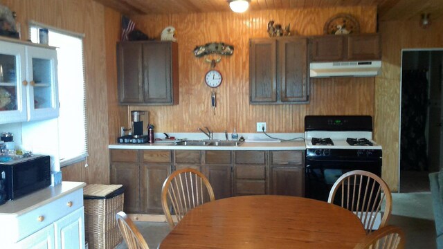 7880 S Dyer Dr, Falmouth, MI 49632 - kitchen featuring under cabinet range hood, gas range, black microwave, a sink, and light countertops