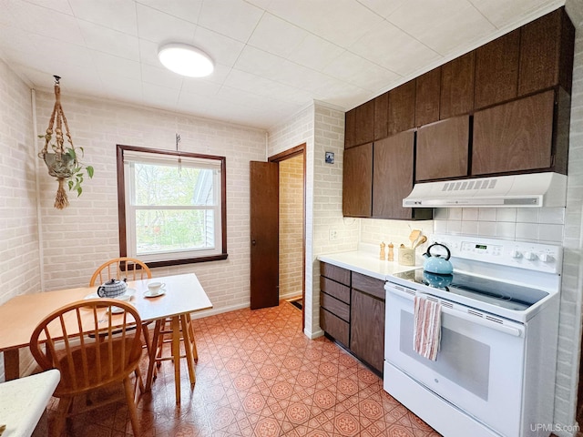 812 Spruce St, Marquette, MI 49855 - kitchen featuring white electric range oven, extractor fan, brick wall, light countertops, and dark brown cabinetry