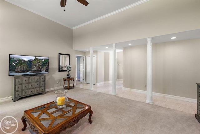 63011 Indian Hills Dr Unit # 1, Washington Twp, MI 48095 - living area featuring ornate columns, light carpet, crown molding, a ceiling fan, and baseboards