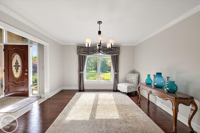 63011 Indian Hills Dr Unit # 1, Washington Twp, MI 48095 - entryway featuring a chandelier, dark wood-style flooring, baseboards, and crown molding