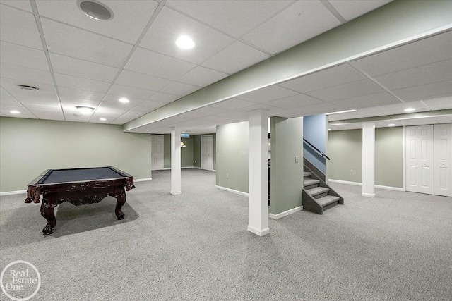 63011 Indian Hills Dr Unit # 1, Washington Twp, MI 48095 - playroom with carpet floors, baseboards, a paneled ceiling, pool table, and recessed lighting