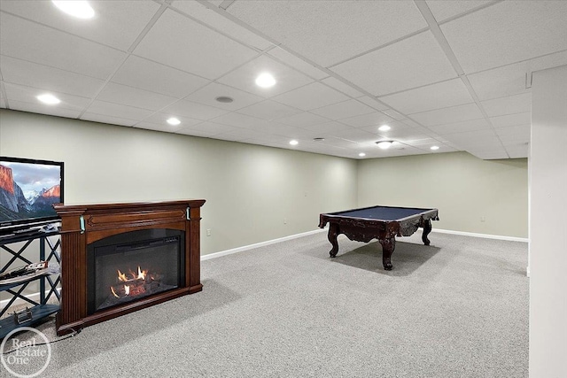 63011 Indian Hills Dr Unit # 1, Washington Twp, MI 48095 - game room featuring recessed lighting, billiards table, baseboards, carpet flooring, and a glass covered fireplace