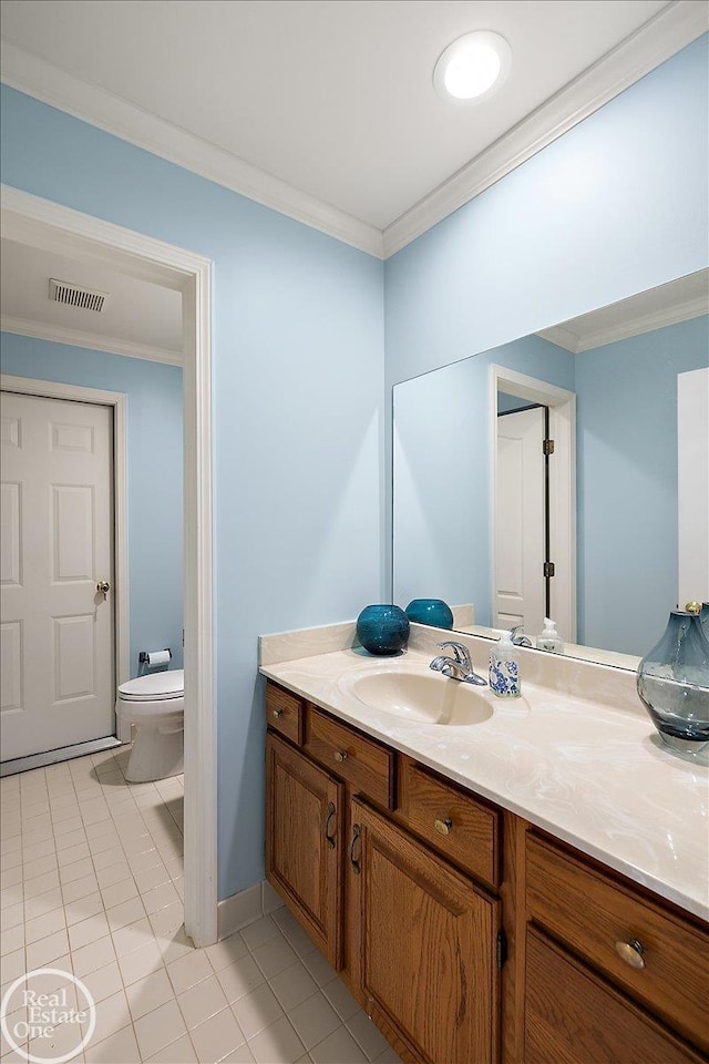63011 Indian Hills Dr Unit # 1, Washington Twp, MI 48095 - bathroom featuring crown molding, toilet, vanity, and tile patterned floors