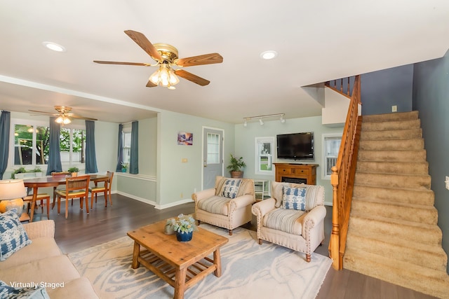 205 E Murphy St, Bay City, MI 48706 - living room featuring a ceiling fan, stairs, wood finished floors, recessed lighting, and baseboards