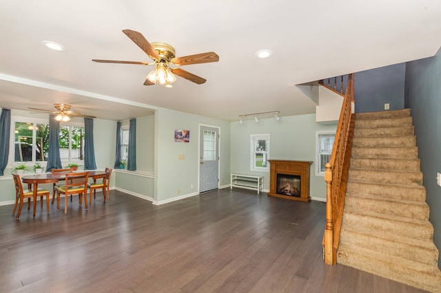 205 E Murphy St, Bay City, MI 48706 - living area featuring a ceiling fan, stairs, wood finished floors, recessed lighting, and baseboards