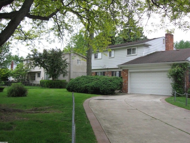 35194 Pappstein Dr, Clinton Township, MI 48035 - view of front of property featuring brick siding, driveway, a front lawn, a garage, and a chimney
