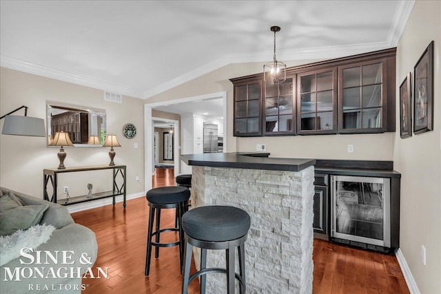 55266 Lordona Ln, Shelby Twp, MI 48315 - bar featuring wine cooler, vaulted ceiling, dark wood-style flooring, baseboards, and crown molding