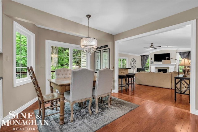 55266 Lordona Ln, Shelby Twp, MI 48315 - dining room with a chandelier, baseboards, wood finished floors, a fireplace, and ceiling fan