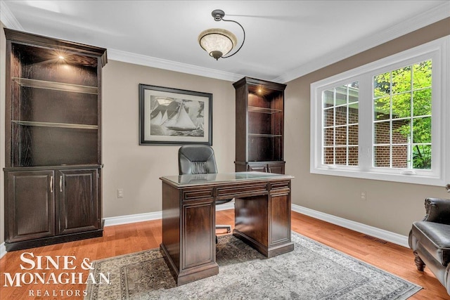 55266 Lordona Ln, Shelby Twp, MI 48315 - home office featuring wood finished floors, ornamental molding, and baseboards