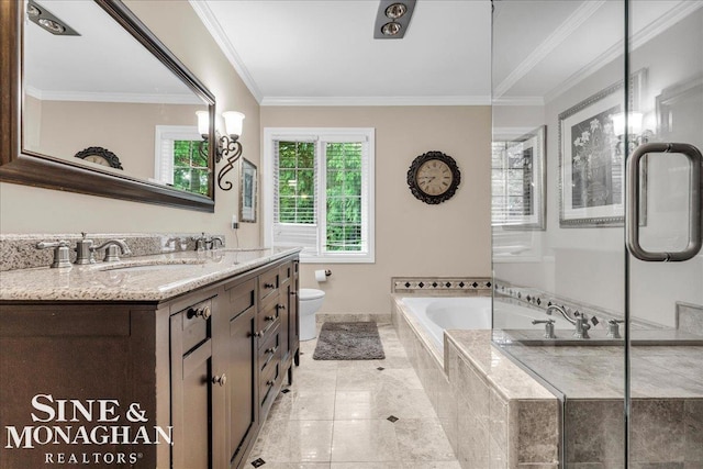 55266 Lordona Ln, Shelby Twp, MI 48315 - full bathroom featuring double vanity, a garden tub, toilet, crown molding, and tile patterned floors