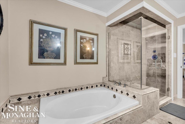 55266 Lordona Ln, Shelby Twp, MI 48315 - full bathroom with a garden tub, a shower stall, and crown molding