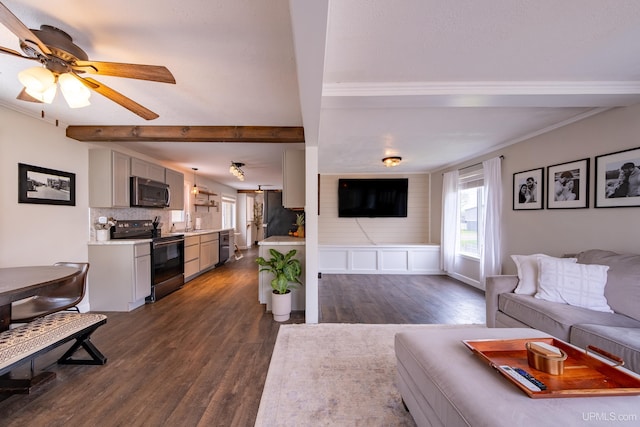 2091 Wilkinson Ave, Marquette, MI 49855 - living area with dark wood-type flooring, beamed ceiling, and a ceiling fan